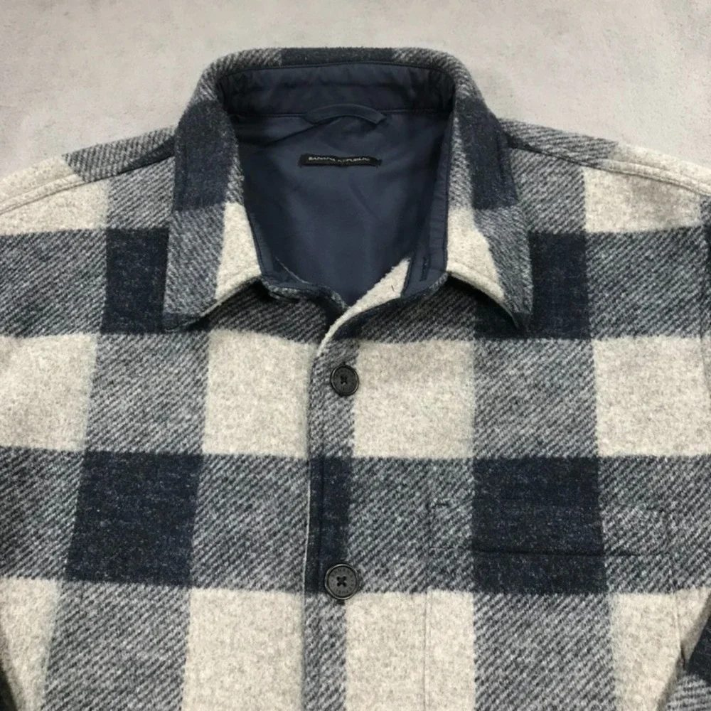 Banana Republic Mens XL Blue Gray Plaid Flannel Shirt Jacket Shacket Pockets